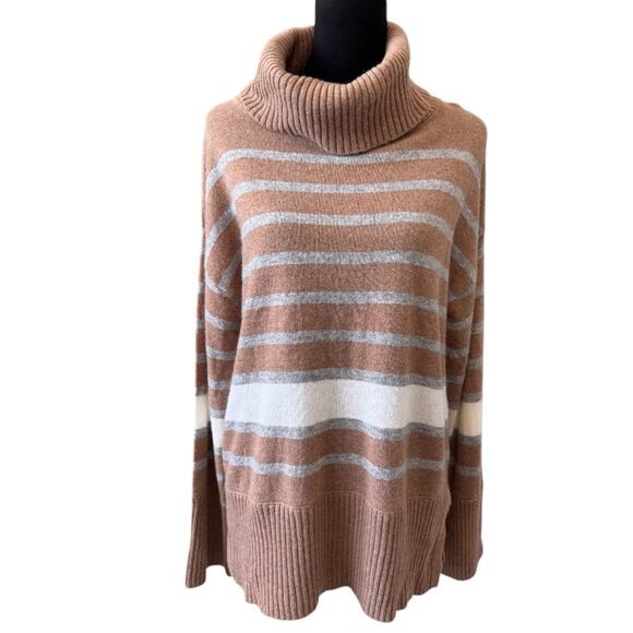 NEW Magaschoni Toasted Brown Combo Stripe Cashmere Turtleneck Sweater Size L - Picture 2 of 6